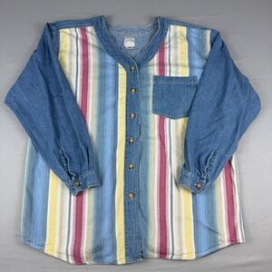 Vintage Erika‎ Blues Womens Retro Striped Denim Button Up Long Sleeve Shirt  L